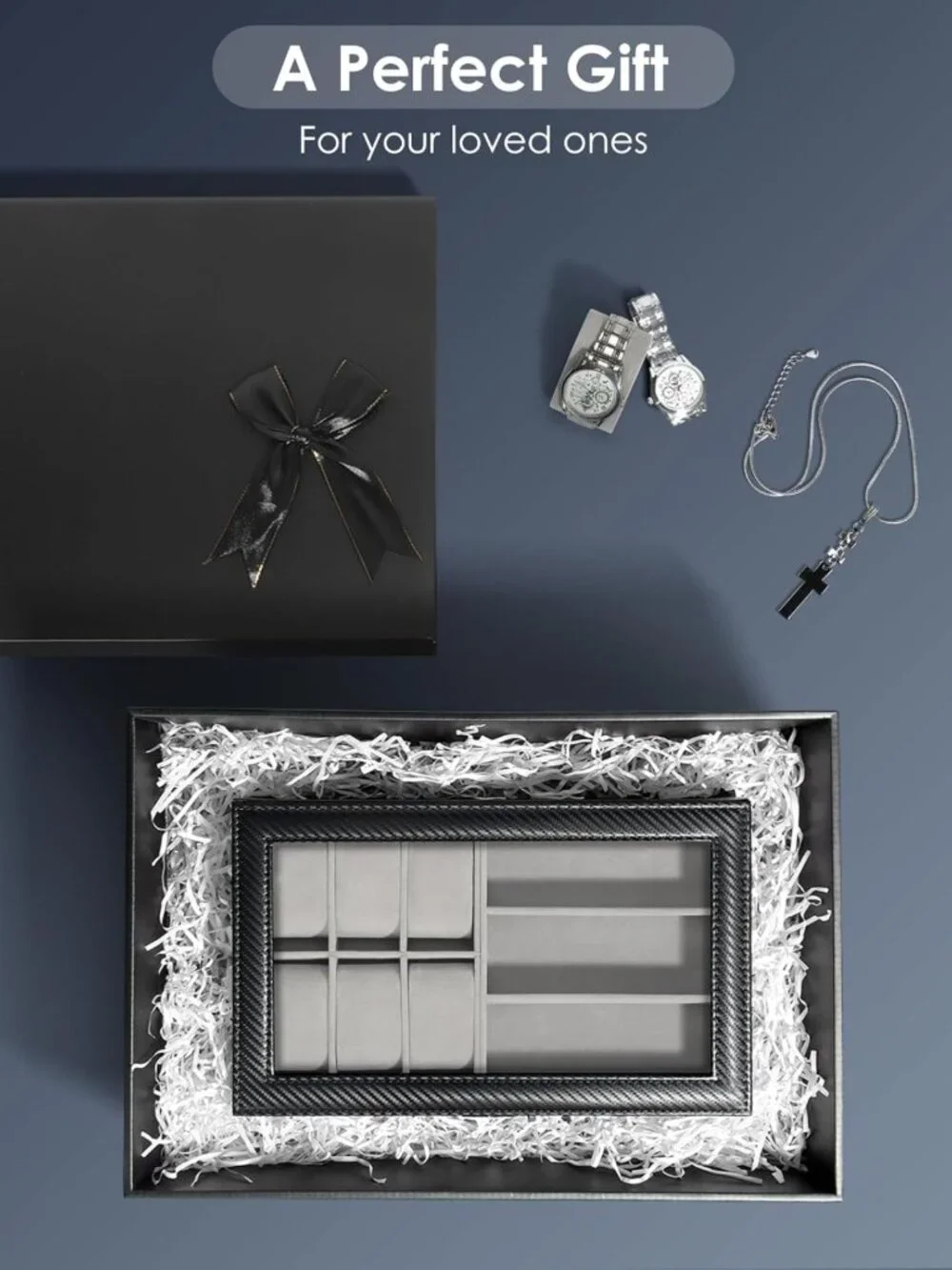 Men's Jewelry Box Organizer - 6 Watch Slots & 3 Sunglasses Compartments - Grey